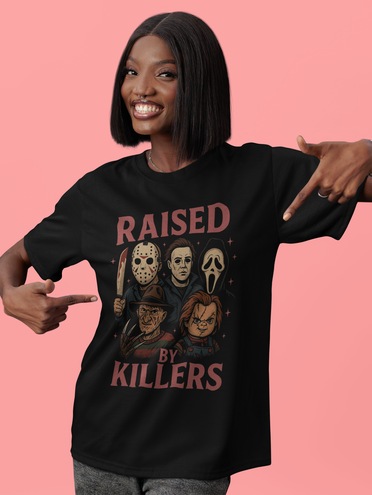Raised by Killers Horror Graphic Tee - Halloween Movie Shirt