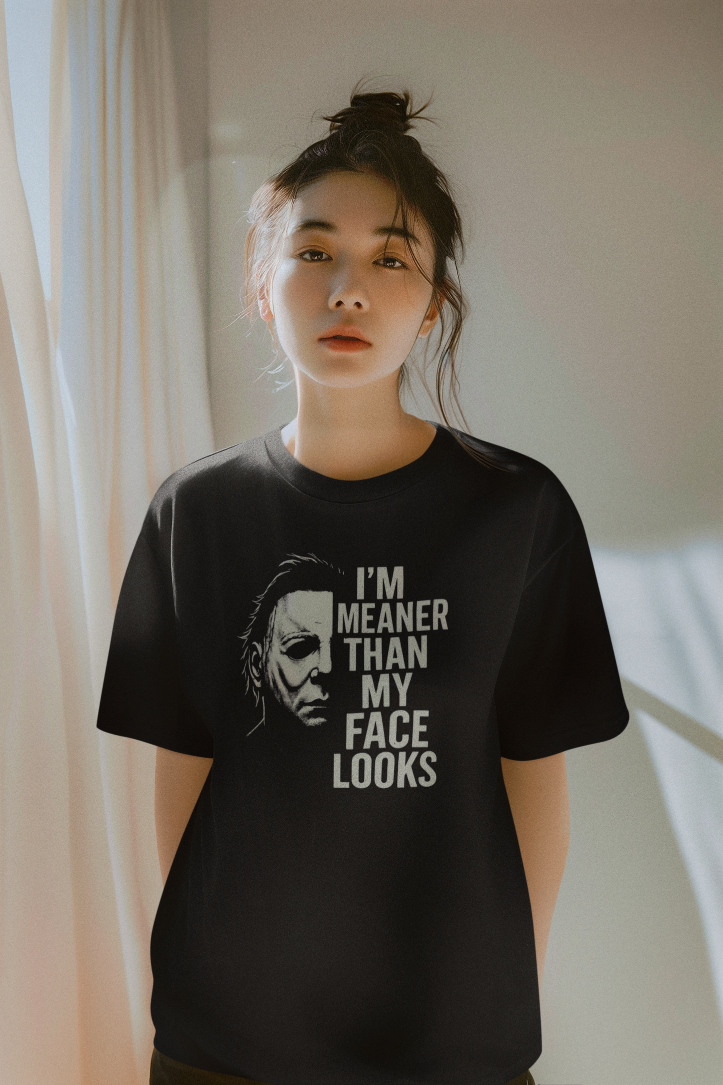 Horror Slasher “I’m Meaner Than My Face Looks” Shirt – Funny Scary Movie Tee, Spooky Season T-Shirt, Slasher Halloween Graphic Tee
