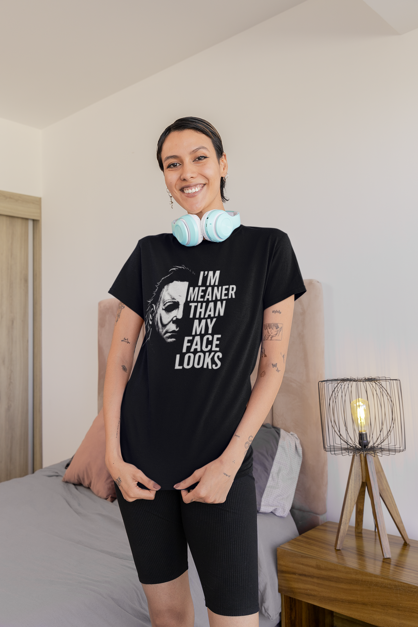 Horror Slasher “I’m Meaner Than My Face Looks” Shirt – Funny Scary Movie Tee, Spooky Season T-Shirt, Slasher Halloween Graphic Tee